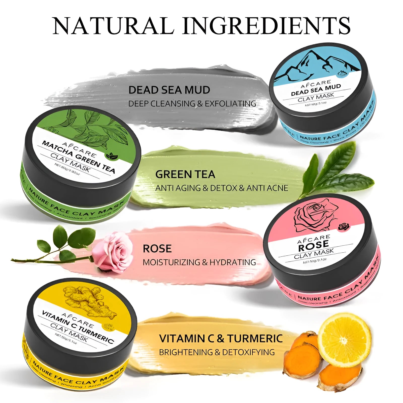 4 pack of clay face masks with Dead Sea mud, green tea, turmeric, and rose clay, each 80ml, on a white background