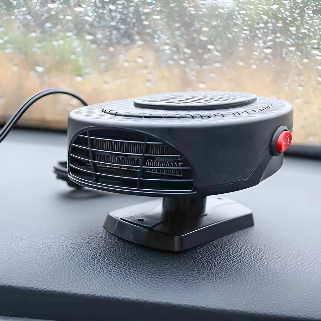 Black 12V car heating fan 7x16cm 150W with cigarette lighter plug on dashboard