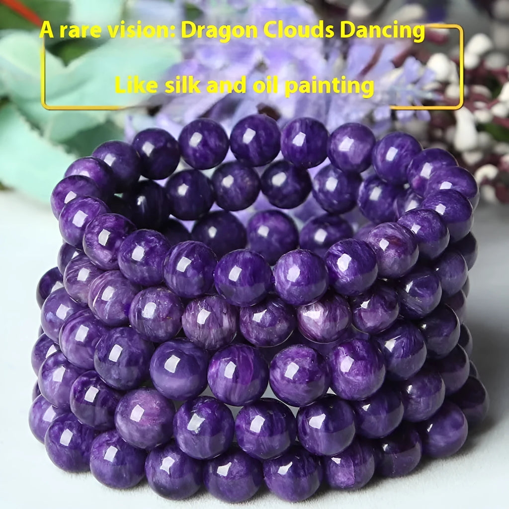 Natural transparent charoite crystal bracelet with platinum-plated fittings showing clear beads