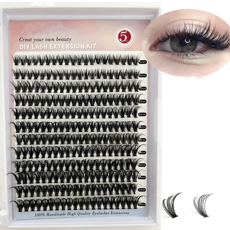 DIY mixed pack of cluster false eyelashes showing boxes of 30D, 40D, and combination lashes with tweezers.