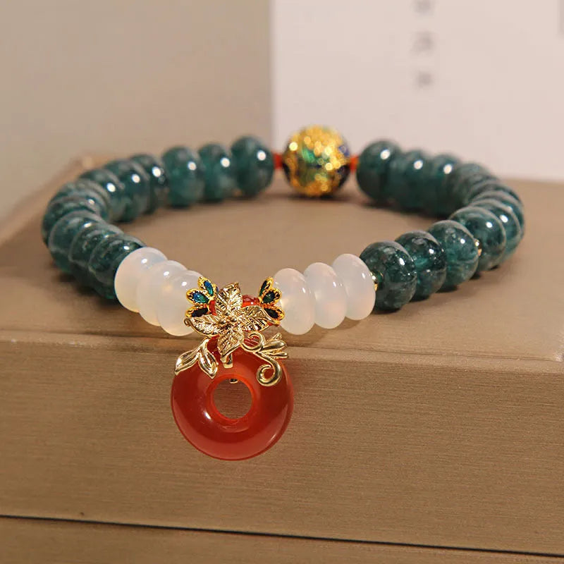 Blue water jade abacus beads crystal bracelet with red agate peace buckle and rhinestone accents for women