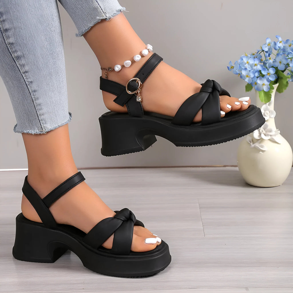 Thick heel black with skirt thick bottom high heel slippers for women, button closure, PU upper, round head, romantic style