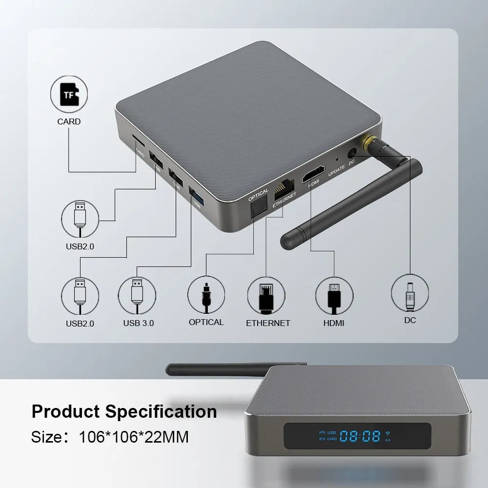 Square black Android TV set-top box with HDMI port and remote control on a wooden surface