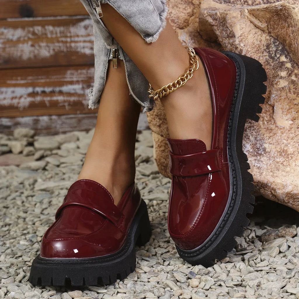 Women's chunky heel slip-on loafers in black, wine red, and green colours showing platform sole