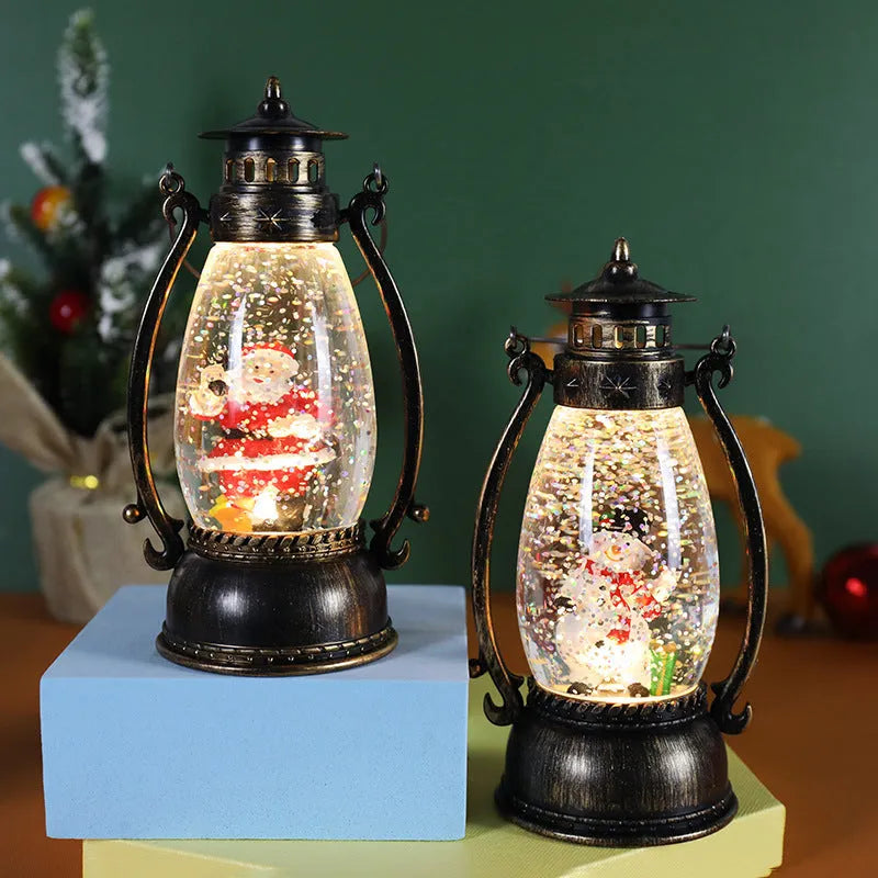 Crystal ball portable oil lamp Christmas ornament with plastic construction and paper-detailed seasonal figure
