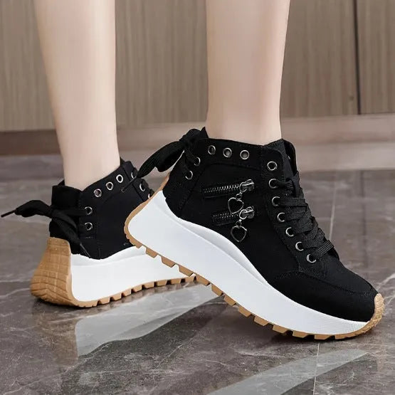 Women's high-top platform casual shoes round toe artificial PU in black, blue, or khaki