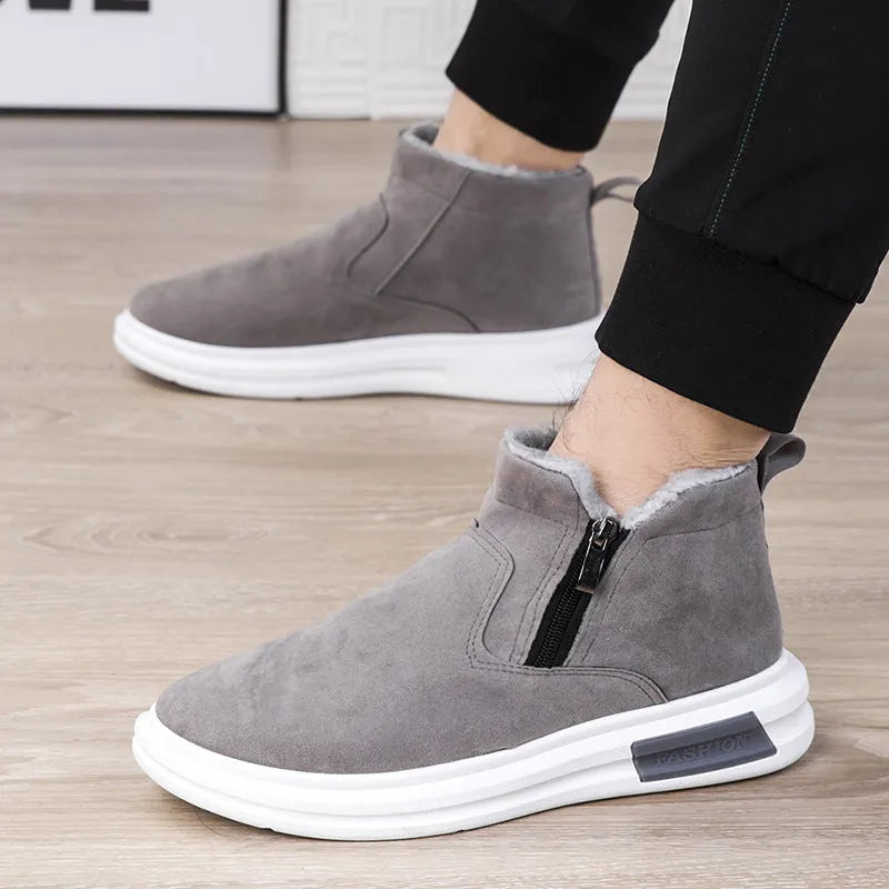 Men's fashion snow boots in black with side zipper, cotton upper, and flat wedge heel