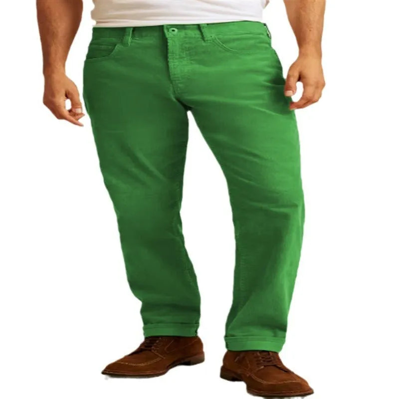 Cotton blend corduroy straight-leg trousers in green, army green, white, and khaki colours
