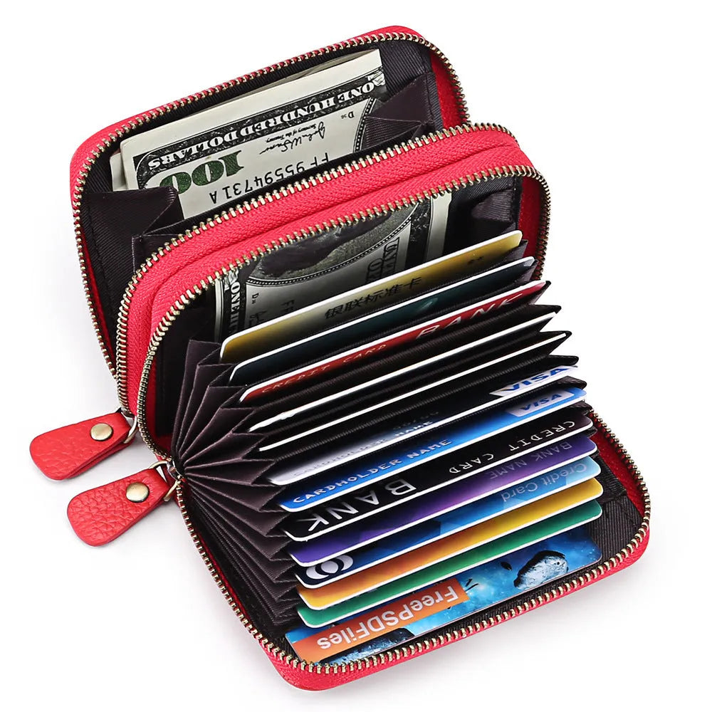 First cowhide double layer zipper expanding card holder anti-theft wallet in black with gift box