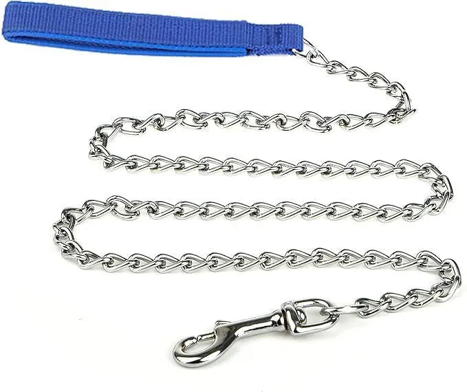 Heavy duty metal dog chain leash with soft padded handle, shown in black colour