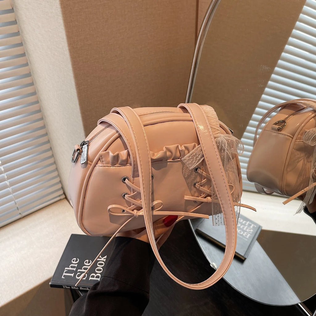 Women's bandage bow design PU leather shoulder handbag with mobile phone compartment in four colour options