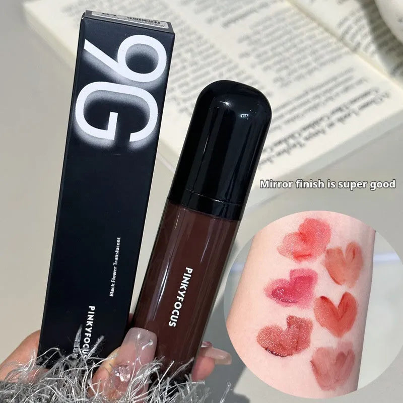 Black Shiny Mirror Lip Paint showing six colour shades in lacquer format