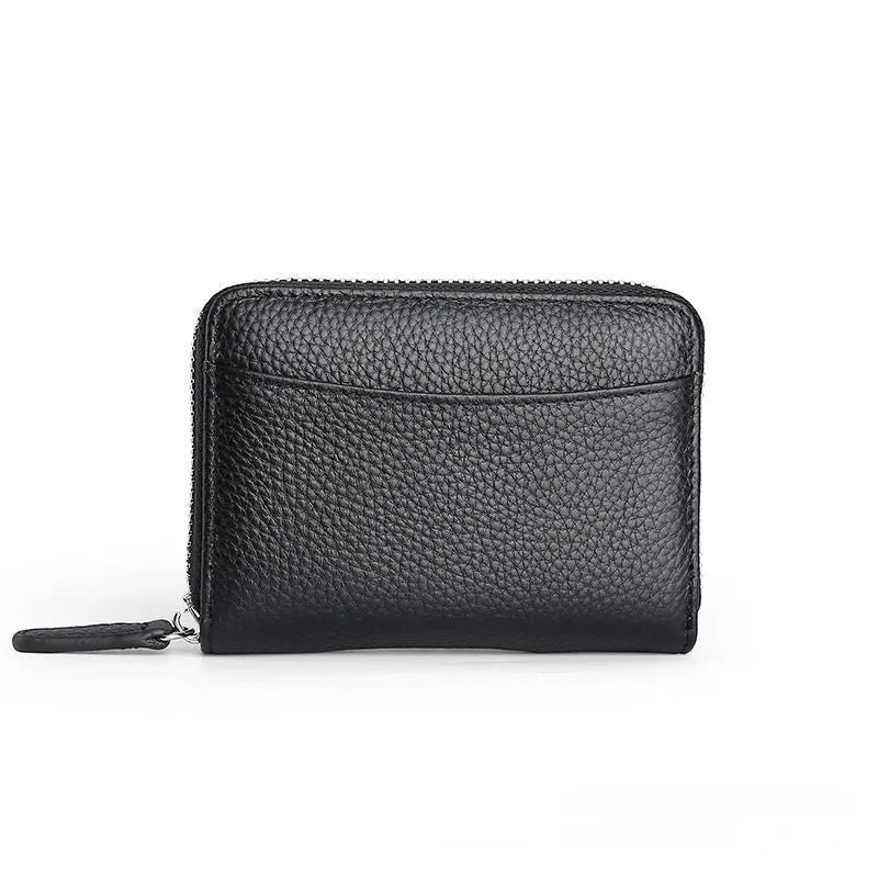 Men's and women's genuine leather zipper coin purse in solid colour with sewing line detailing