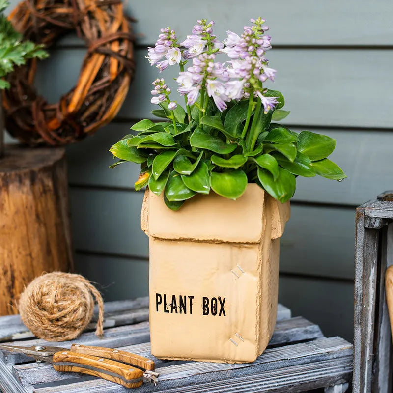Cement flowerpot with drainage holes in a Nordic style, shown in a cement imitation carton finish.
