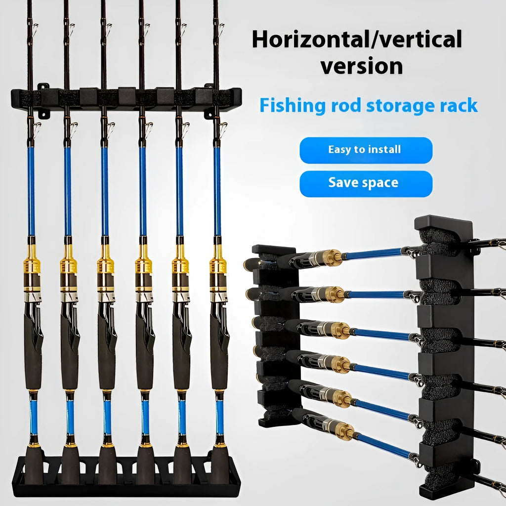 Black ABS plastic wall-mounted fishing rod holder showing upright and horizontal mounting options