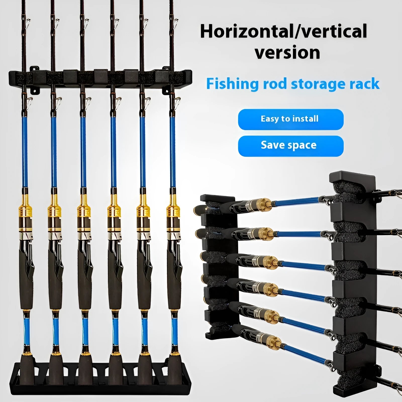 Black ABS plastic wall-mounted fishing rod holder showing upright and horizontal mounting options