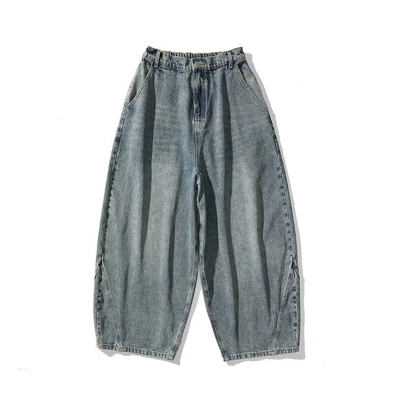 Men's plus size baggy jeans in light blue cotton denim with wide leg straight cut