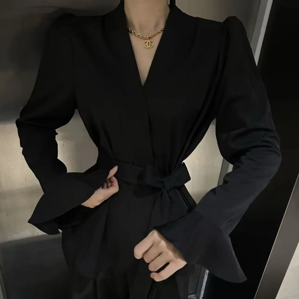 Women's French-style shirt with irregular collar design and long bell sleeves in polyester fabric