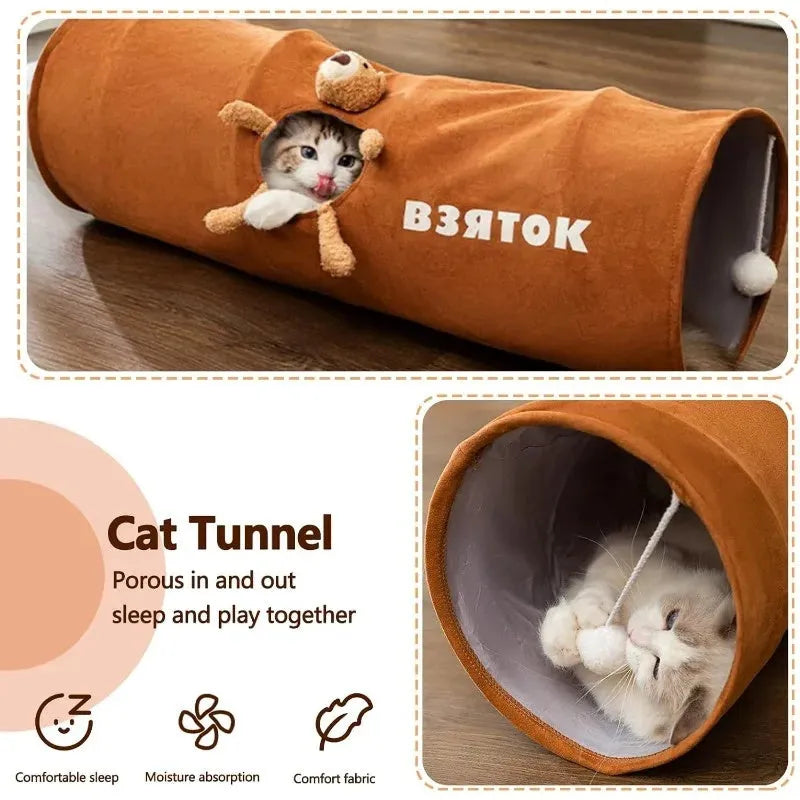 Collapsible cat tunnel for indoor cats, 25cm diameter, 80cm length, suede air layer fabric, steel wire, with plush ball on top
