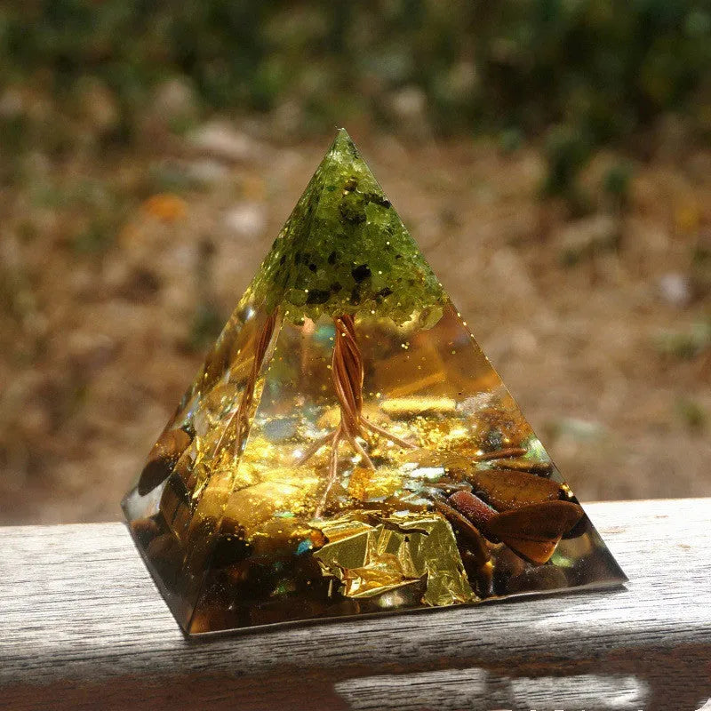 6cm crystal epoxy resin pyramid ornament with natural crystal gravel interior, geometric design, colour options available