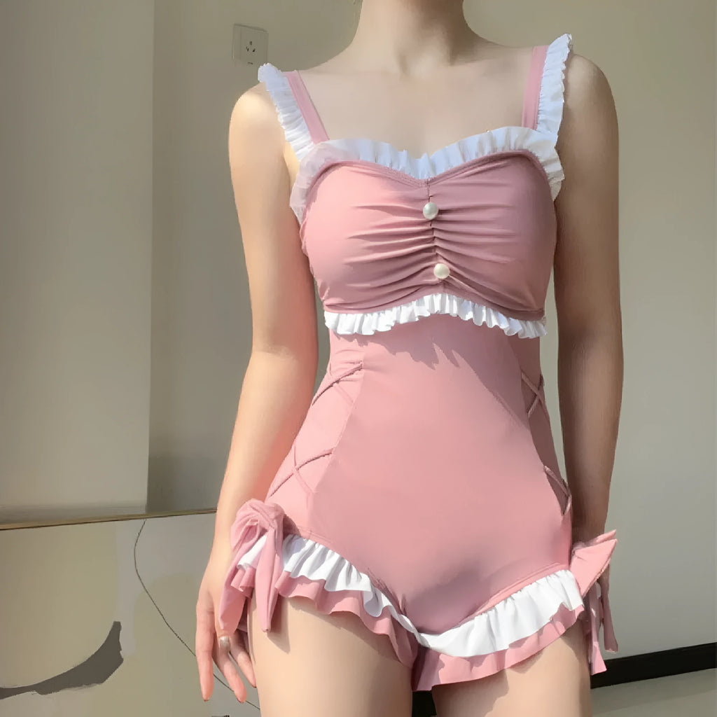 Women's one-piece milk silk swimsuit in solid pink colour with sleeveless design