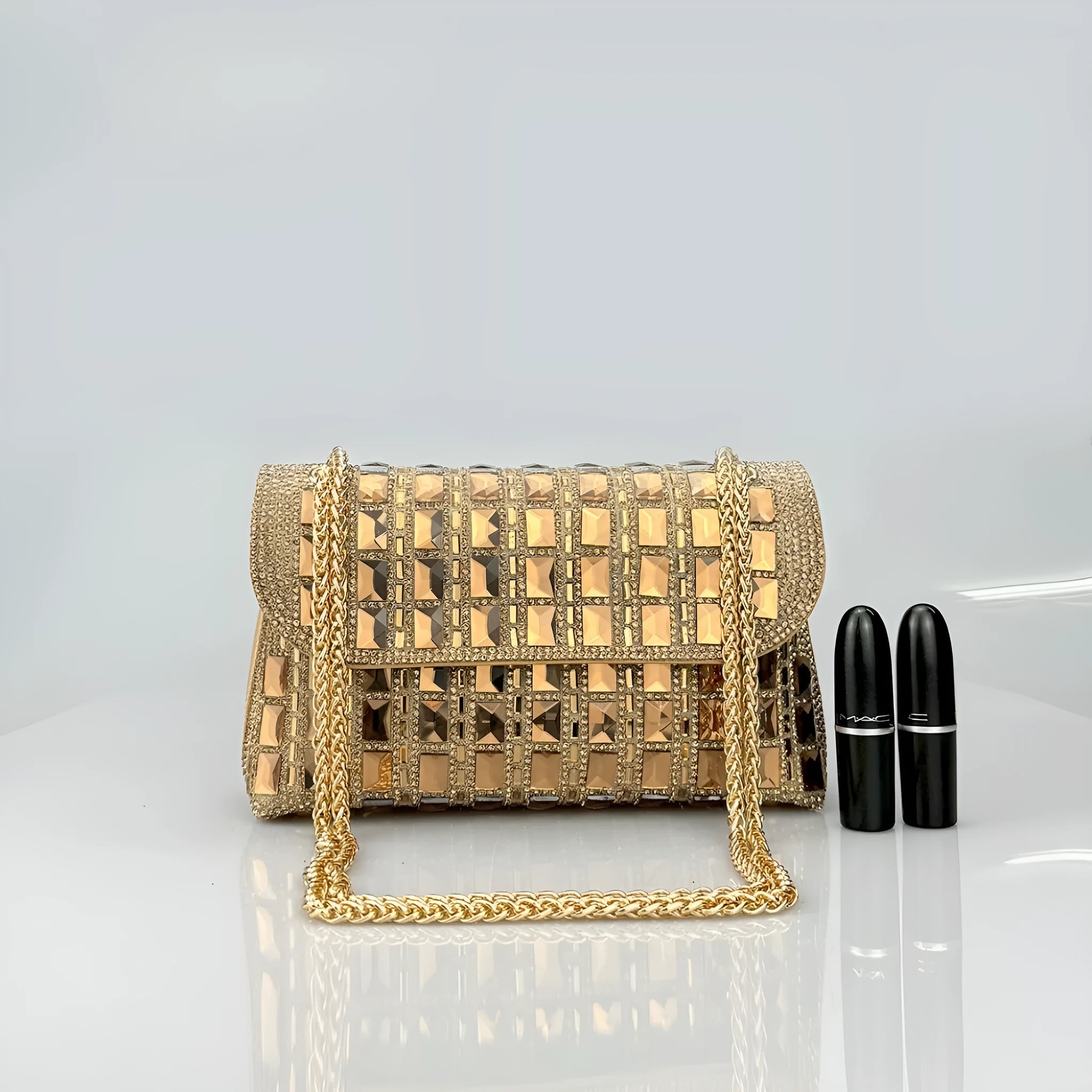 Shiny glass rhinestone diamond chain clutch handbag in horizontal square shape with chain strap, available in multiple colours