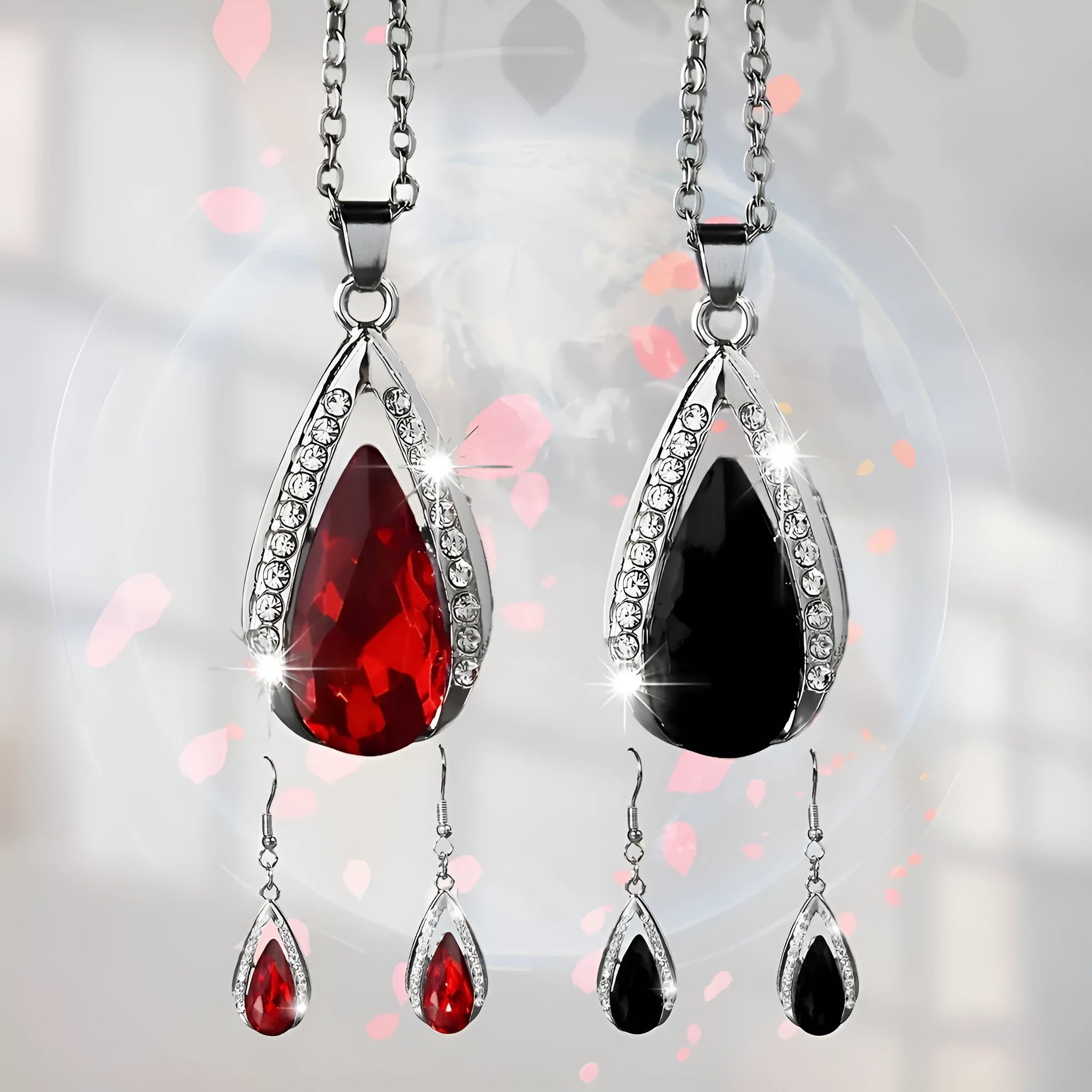 Black and red teardrop glass pendant necklace with matching earrings jewellery suite