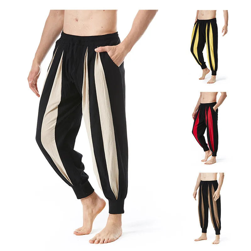 Men's straight-leg casual trousers in brown, khaki, red, or yellow for spring wear.