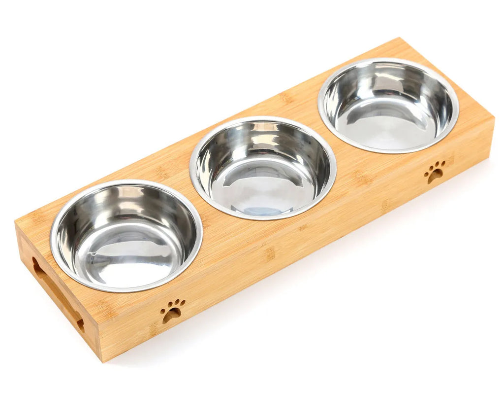 Solid wood pet dining table with stainless steel double bowl raised feeding station for cats and small dogs