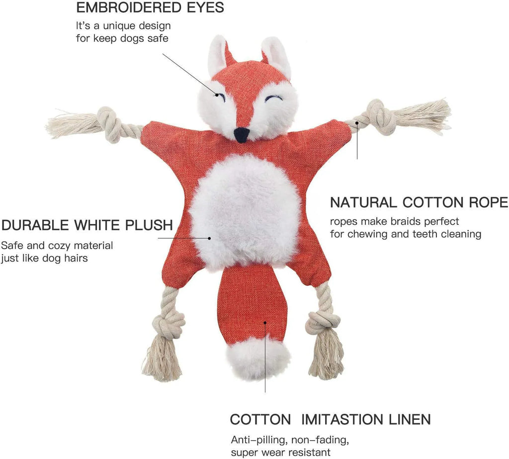 Brown stuffless fox plush dog toy with cotton rope arms, embroidered eyes, and a squeaker.