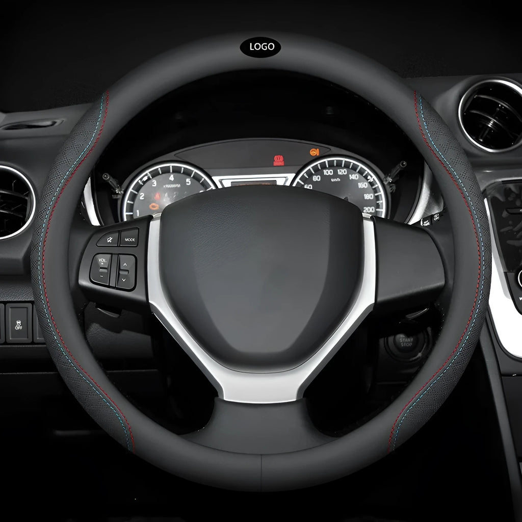 Black car steering wheel cover with two-colour line detail showing Napa leather texture and rubber inner ring