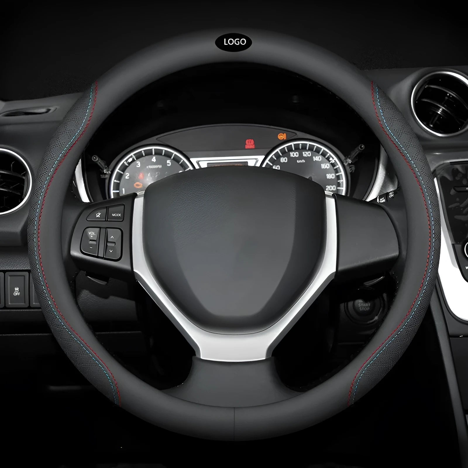 Black car steering wheel cover with two-colour line detail showing Napa leather texture and rubber inner ring