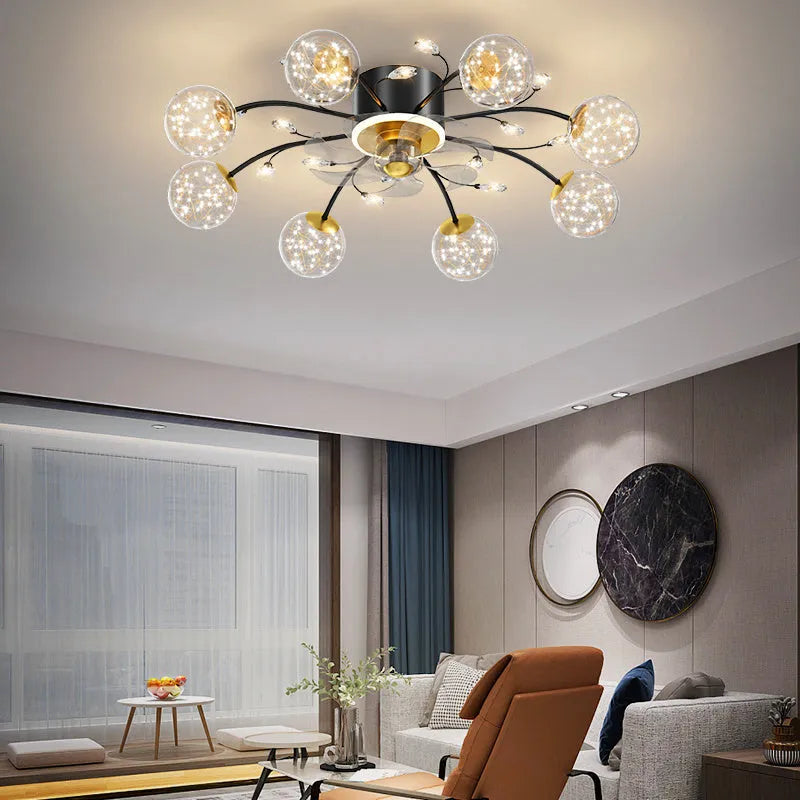 New Nordic Star fan lamp with crystal and iron, remote control, ceiling light for 10-15 square metre rooms