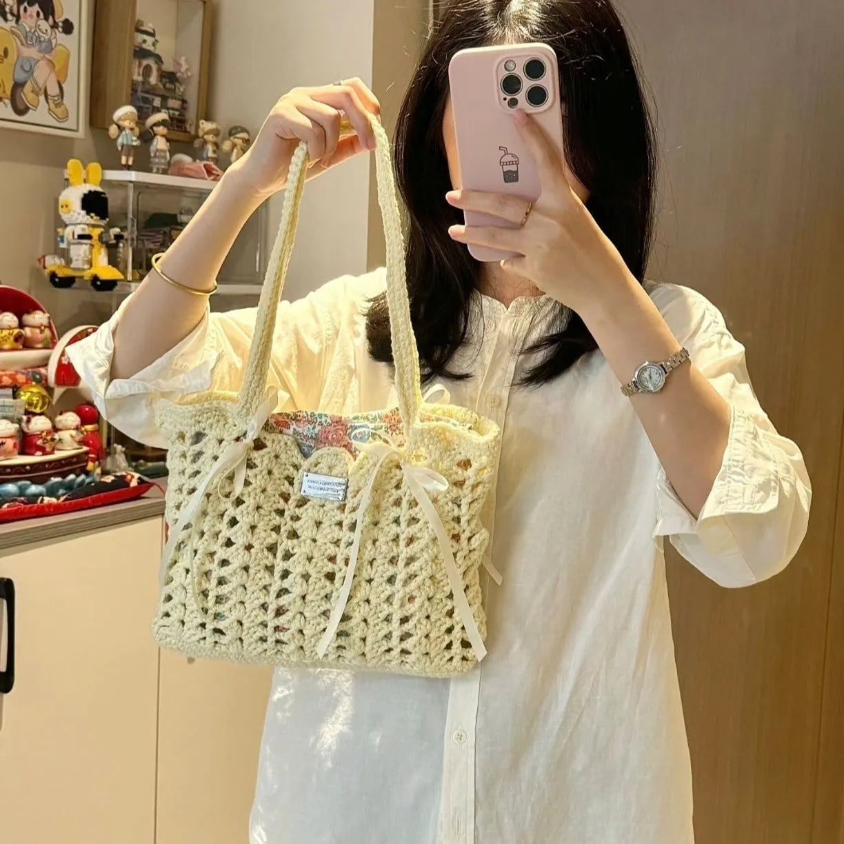 Handwoven summer floral wool bag in a woven pattern, available in multiple style options, lightweight shoulder accessory