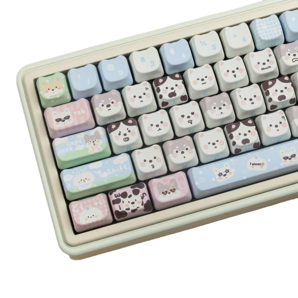 Full set of white PBT keycaps with cute puppy sublimation design for mechanical keyboards