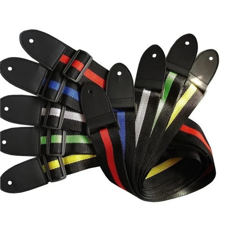 Adjustable woven guitar strap showing length adjustment and five colour options