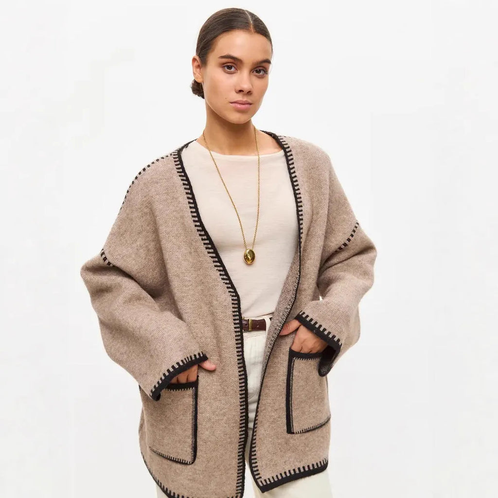 Lace-up knitted cardigan sweater in camel colour with loose fit and long sleeves