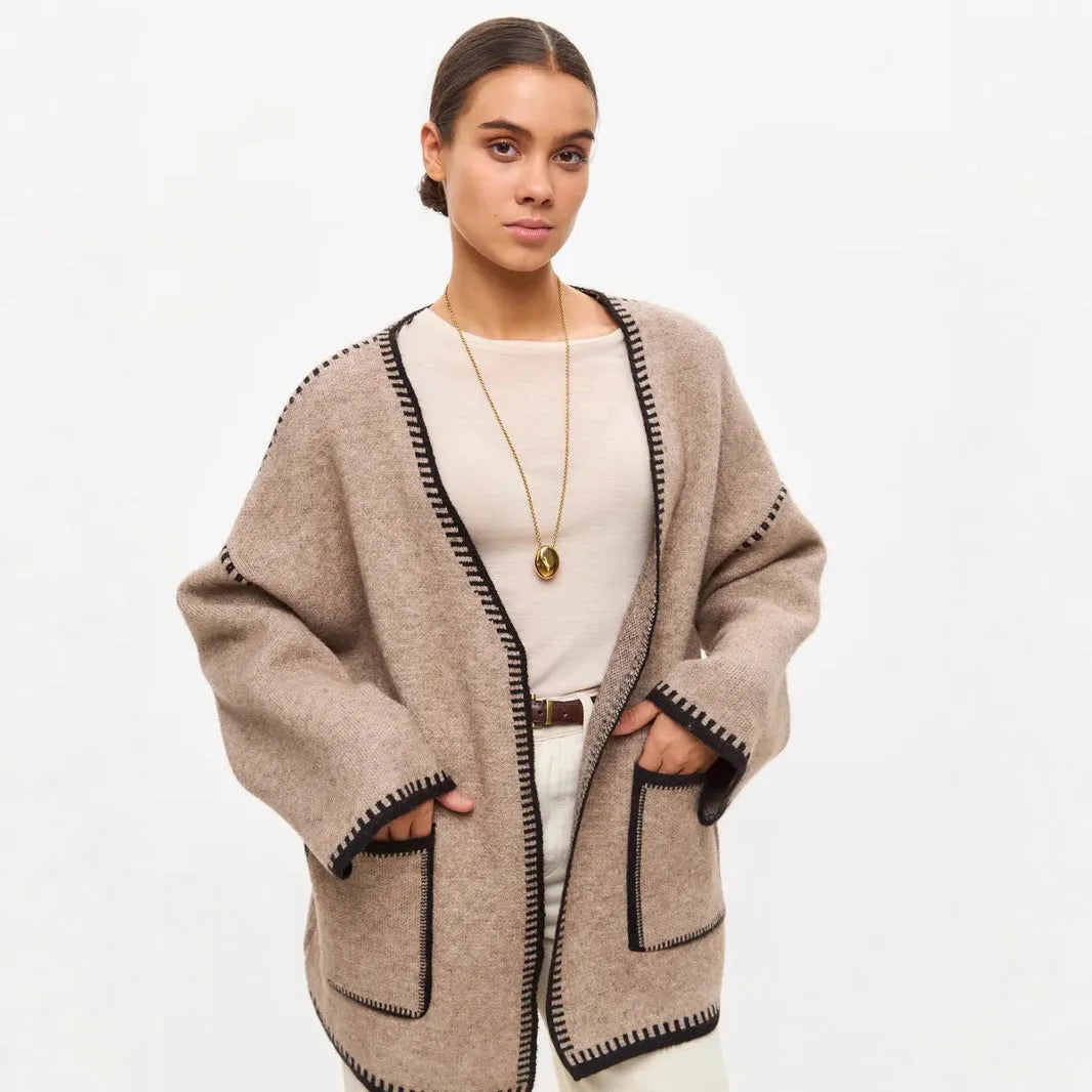 Lace-up knitted cardigan sweater in camel colour with loose fit and long sleeves