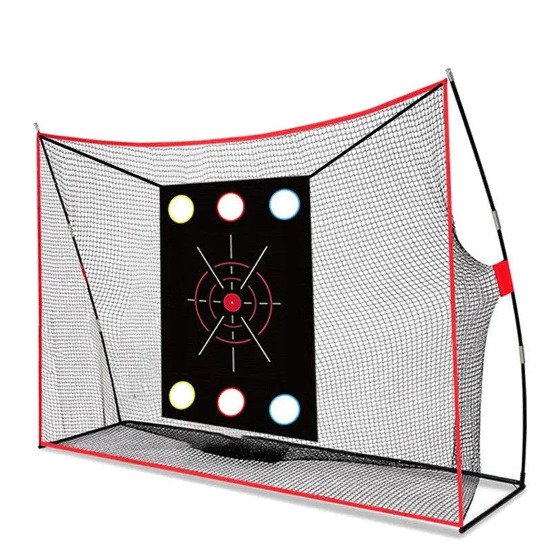 Golf swing wedge training net with 3-hole cross target, foam practice mat, and coloured practice balls