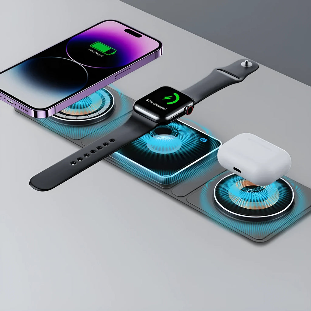 Black Magsafe transparent acrylic three-in-one wireless charger with Type-C port on a desk