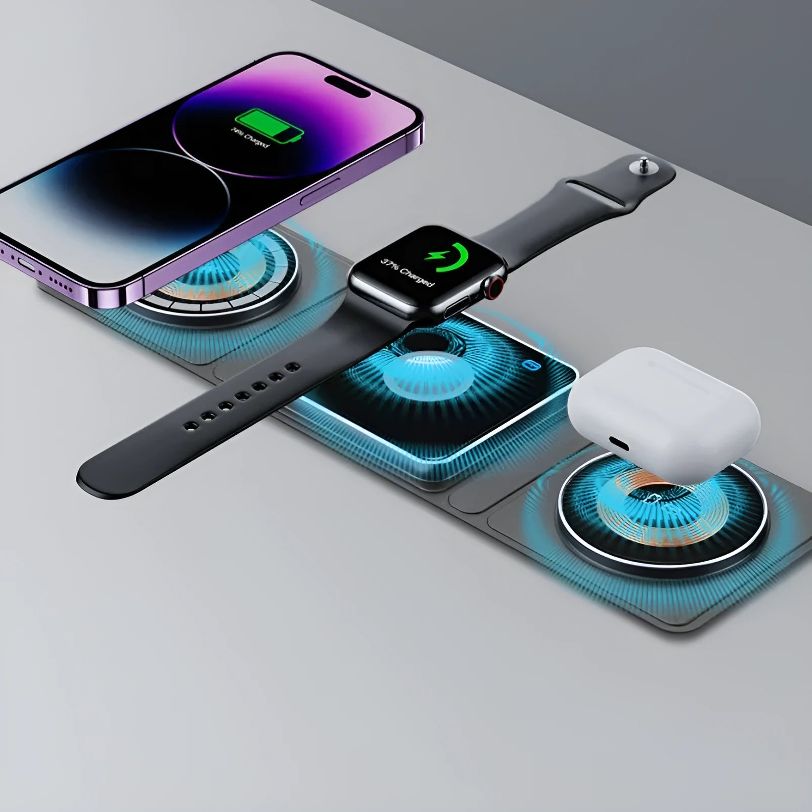 Black Magsafe transparent acrylic three-in-one wireless charger with Type-C port on a desk