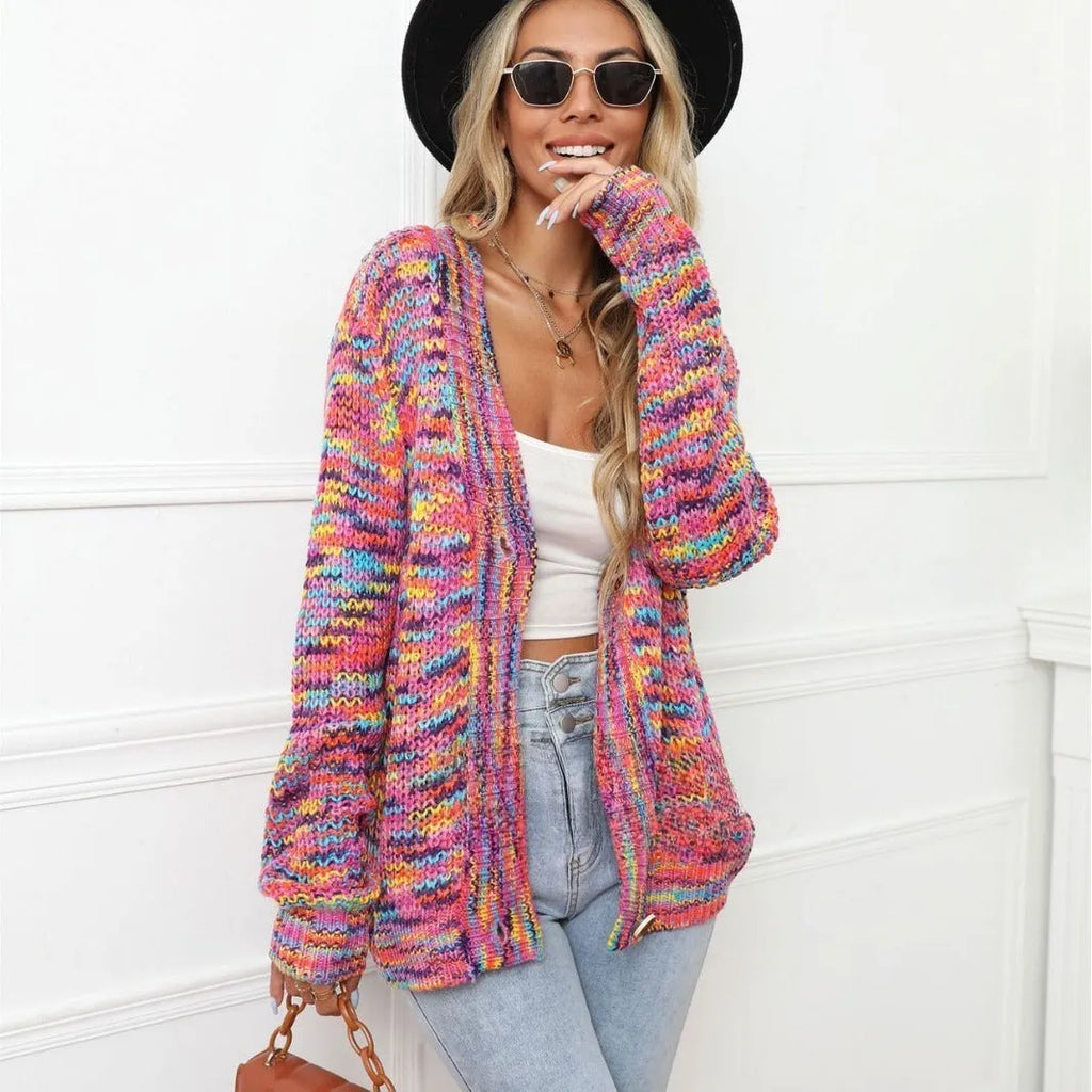 Rainbow mixed colour festival dyed short cardigan knitted coat in rose red on model