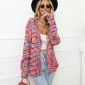 Rainbow mixed colour festival dyed short cardigan knitted coat in rose red on model