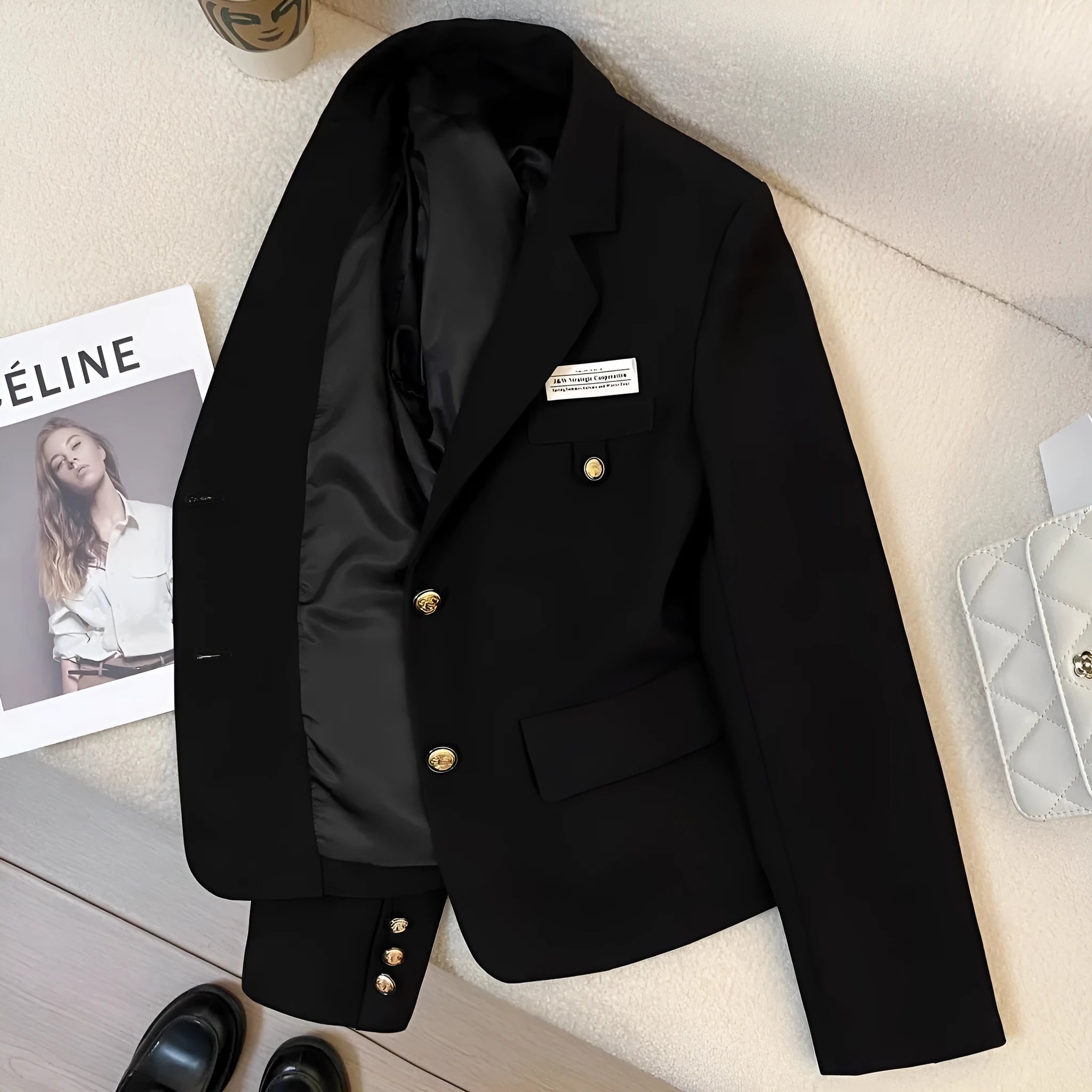 Women's black short suit coat with regular sleeves and pocket detailing