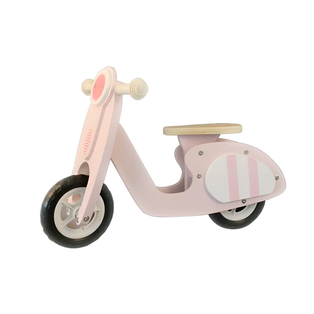 Pink wooden balance scooter with 10-inch wheels for toddlers and young children.