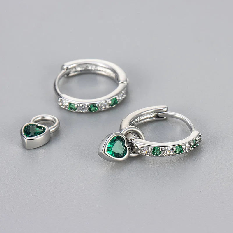 Women's heart-shaped drop earrings with coloured gemstones in gold and white gold tone settings