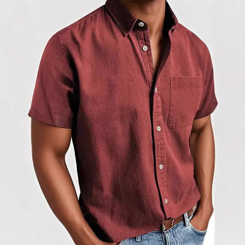 Men's short-sleeved polo collar shirt, solid colour, with pocket on front, in black, white, and khaki options