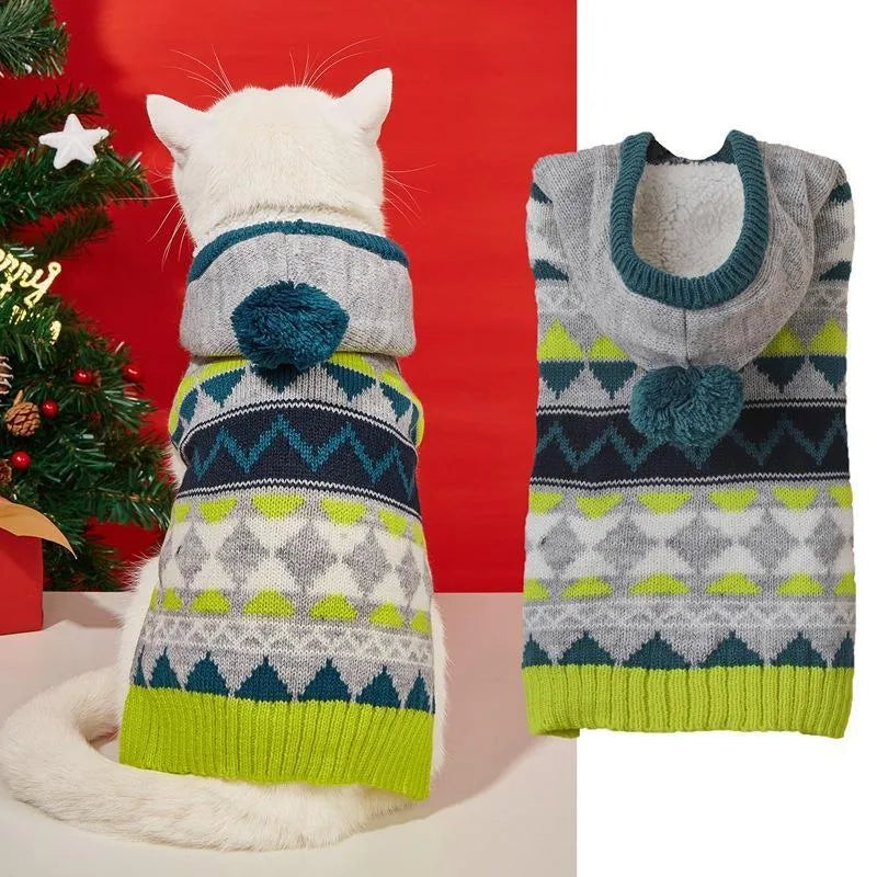 Blue diamond pattern dog sweater on pet model showing knit texture and fit