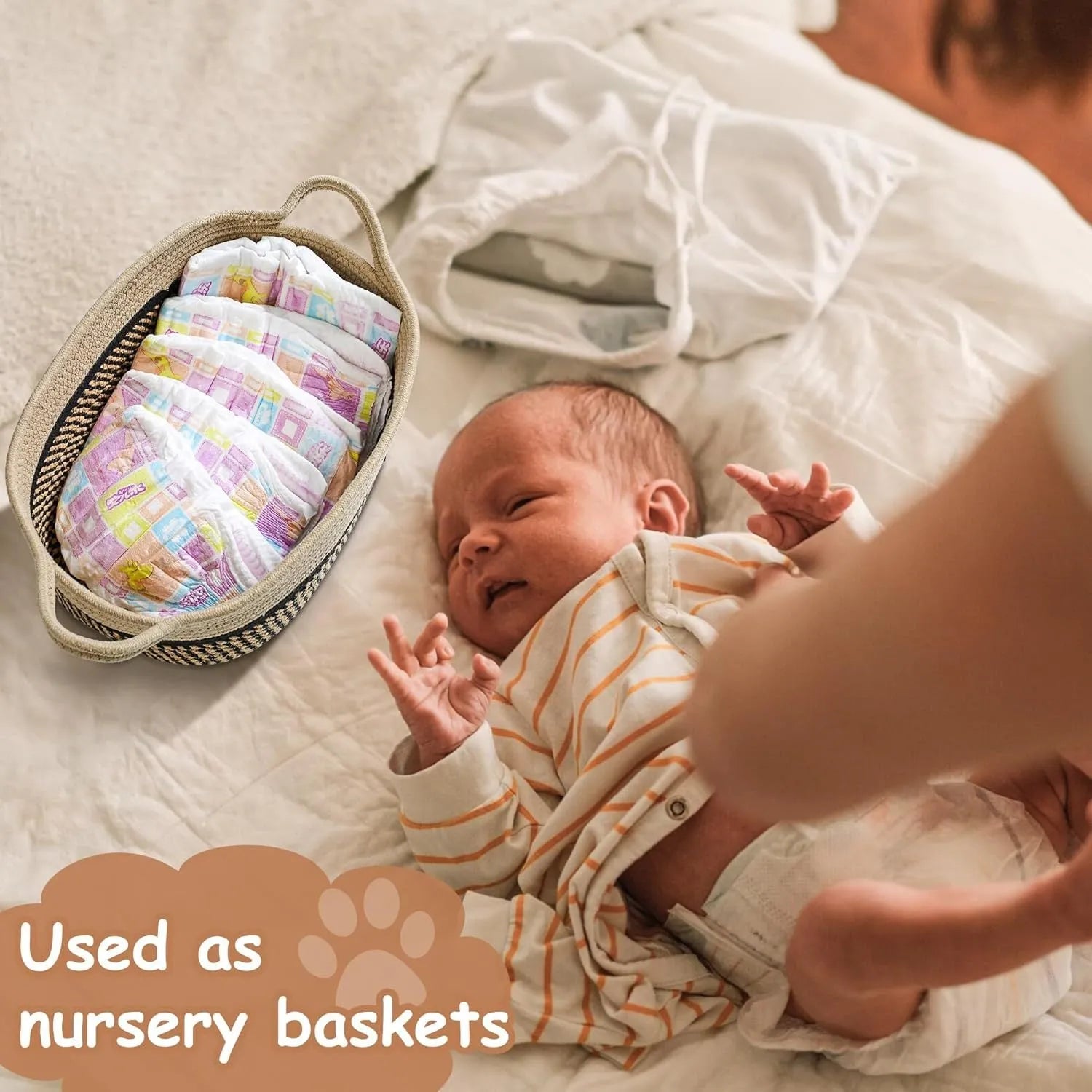 Light beige handmade woven cotton rope storage basket with wood handle, dimensions 34x26x15cm.
