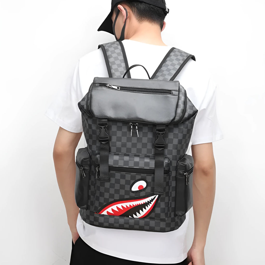 Korean casual checkered printed large capacity PU leather backpack with curved shoulder strap, colour 6622-1 Black